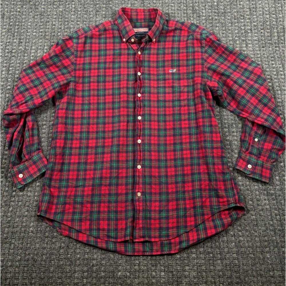 Vineyard Vines Tucker Shirt Plaid Flannel Button Down Size L Red Green Tartan